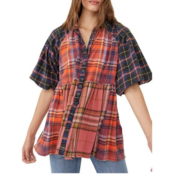 Free People Blouse XS Oversize Moon Bay Mixed Plaid Flannel Berry Combo - Picture 1 of 11